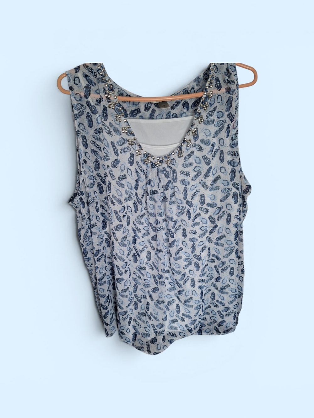 CJ Banks Beaded Scoop Neck Printed Camisole - Blue
